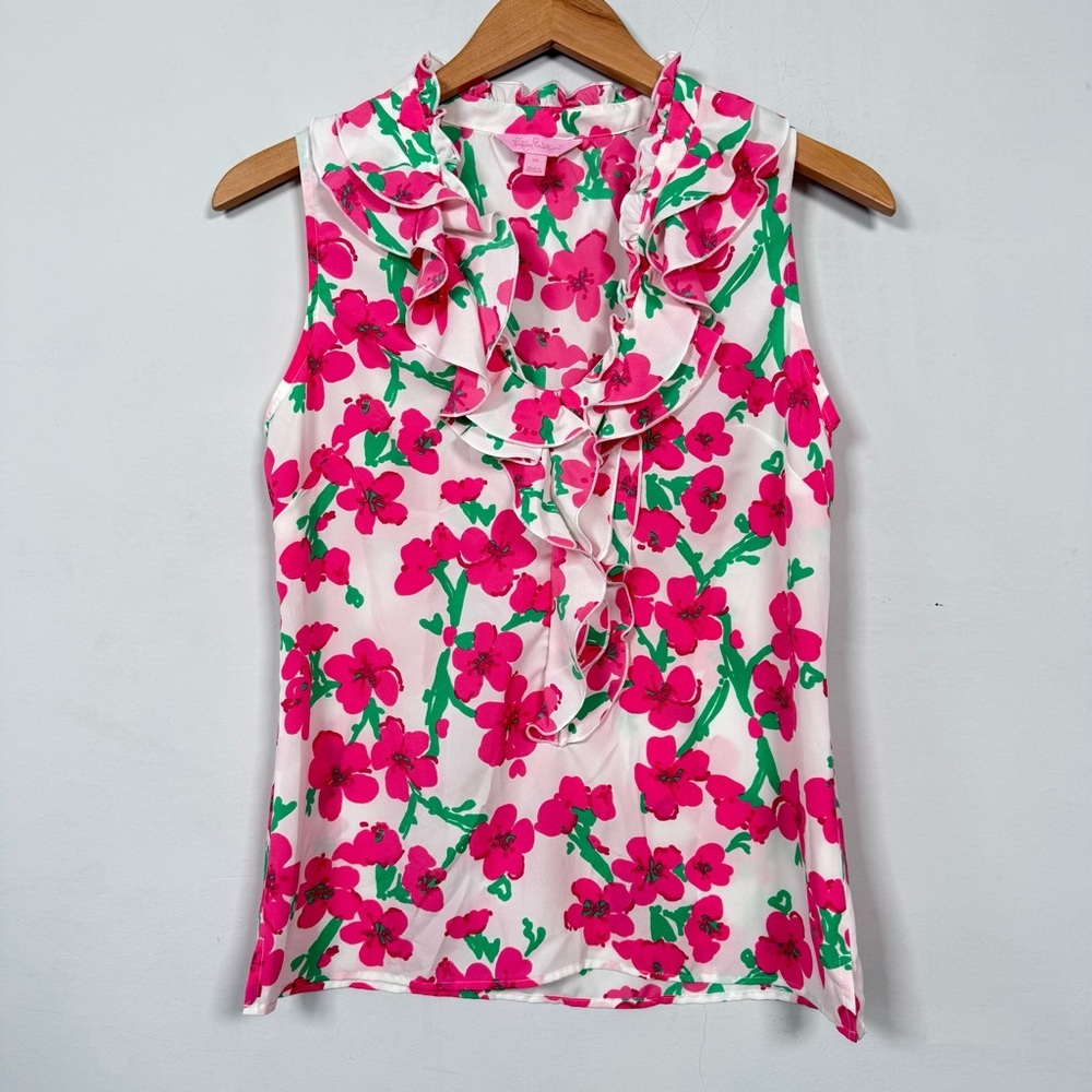 Lilly Pulitzer Pink and Green Floral Ruffle Blouse, Size XS, Excellent condition